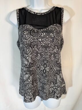 Sleeveless Black & White Paisley Tank with Sheer Yoke